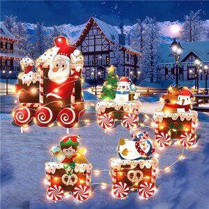 Christmas Train Decor Yard Signs with LED Lights - Xmas Tree Santa Elf Snowman